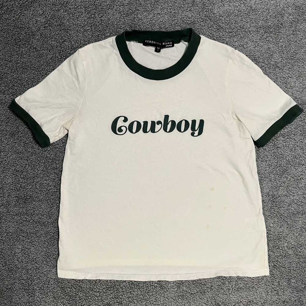 Veronica Beard Jeans Cowboy Ringer Tee Off White Green Graphic Shirt S